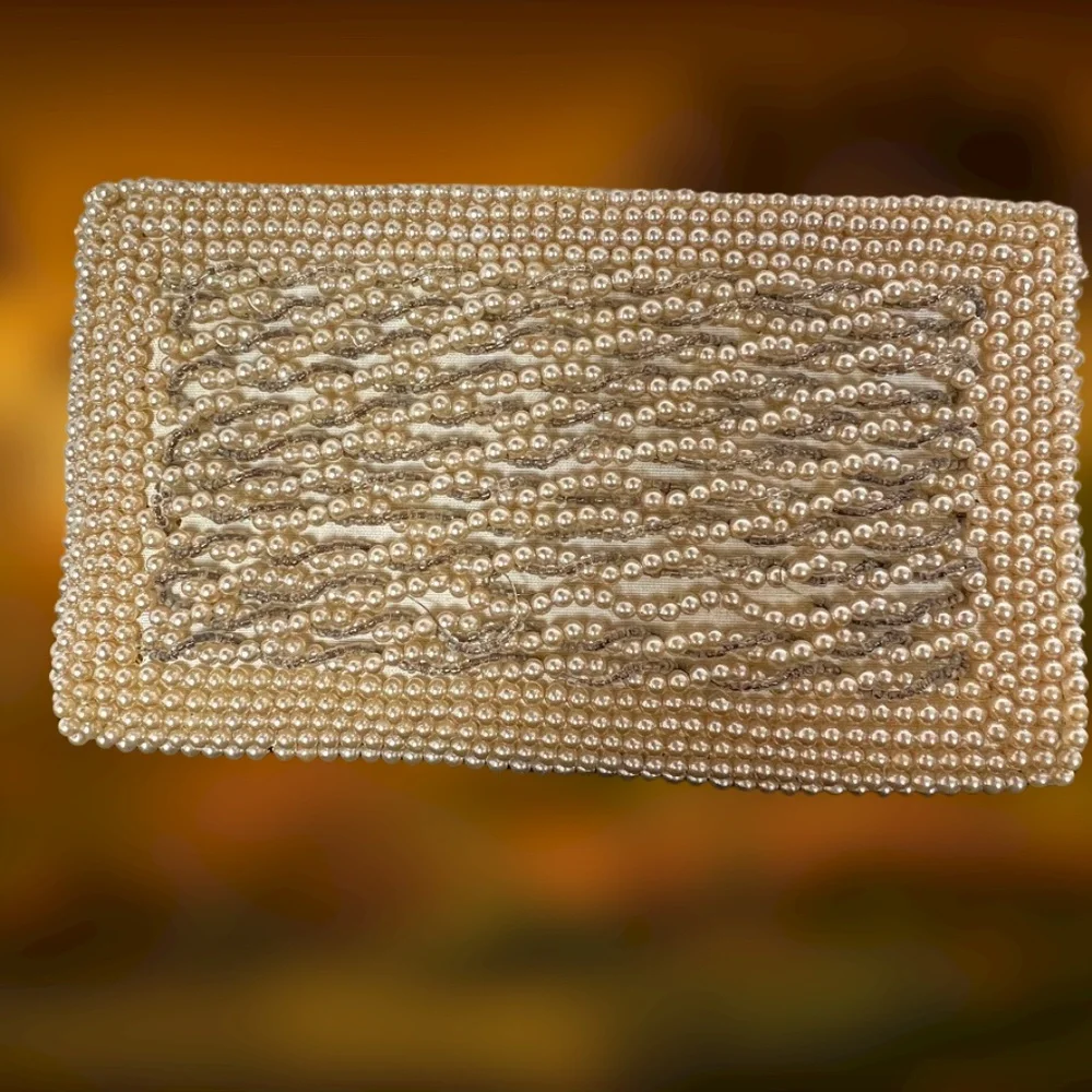 Vintage Ivory & Silver Beaded Evening Clutch or Wallet